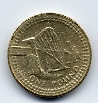 The reverse of a 2004 date £1 counterfeit coin