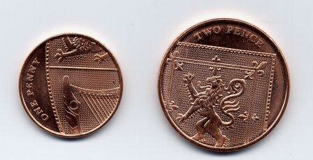 The UK 1 and 2 pence new reverse designs